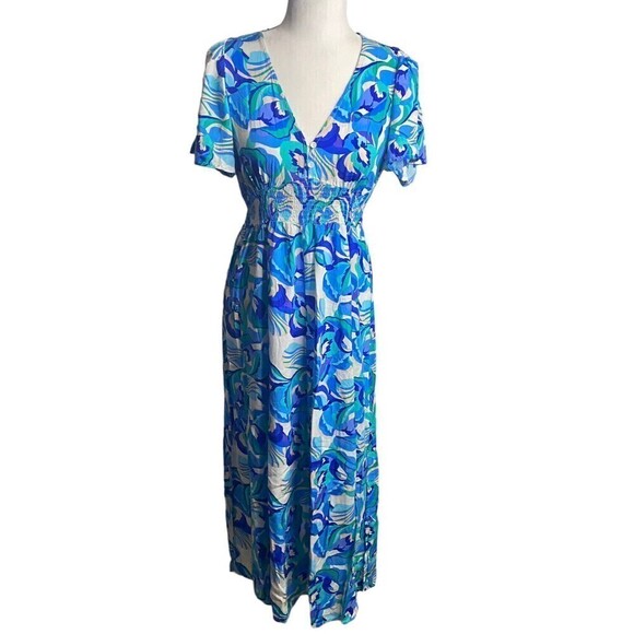 Abel The Label Anthropologie Blue Boho Smocked V Neck Maxi Dress Small Dress Up - Picture 2 of 11